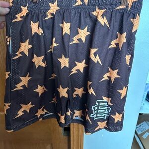 Eric Emanuel Chocolate Brown Shorts with Bright Orange Pattern